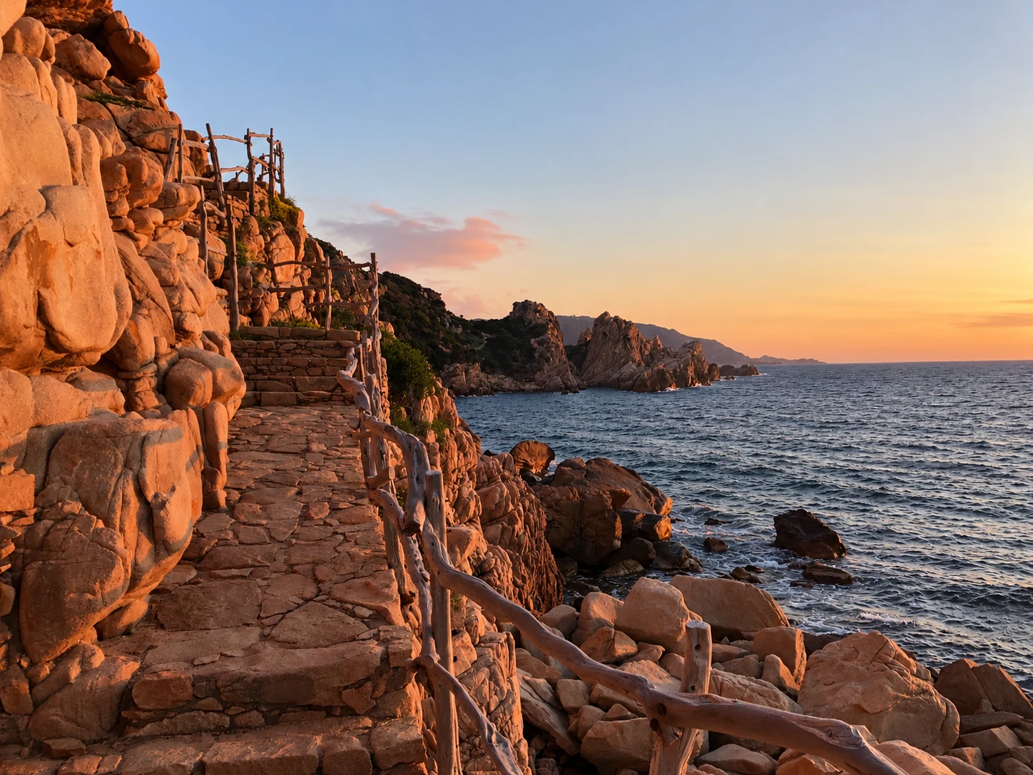 Sentiero costiero a Costa Paradiso al tramonto Sentiero in pietra tra le rocce di granito e il mare di Costa Paradiso al tramonto